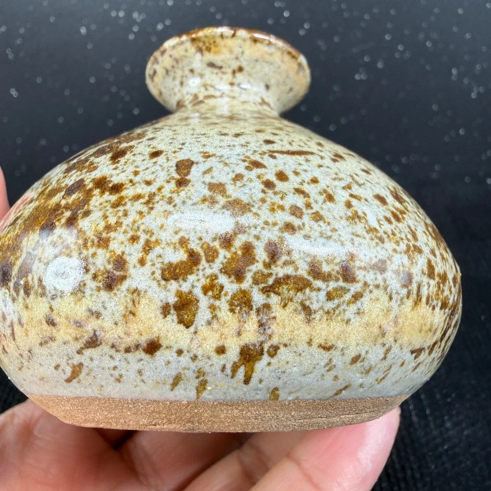 Joan Signed Studio Pottery Bud Vase Speckled Brown Tan Stoneware 3 Inch Small
